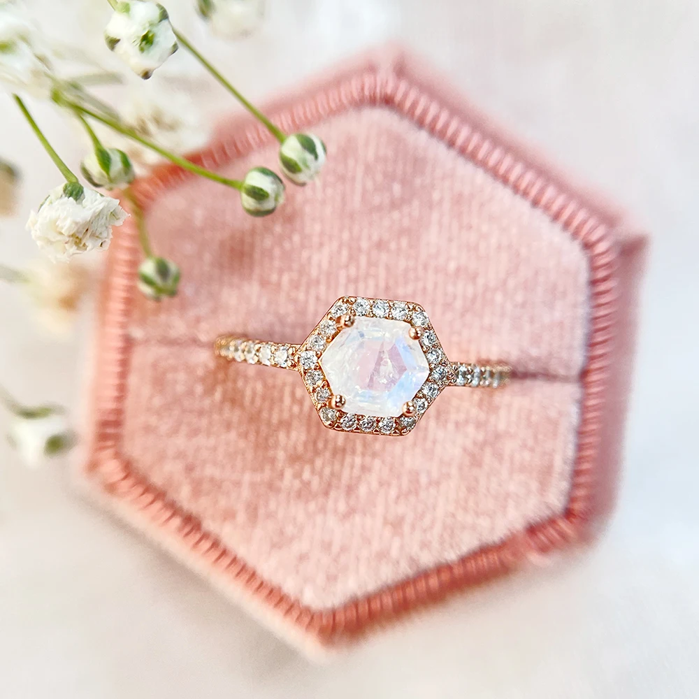 

GZXSJG 585 Rose Gold Nautral Moonstone Gemstone Rings for Women Solid 925 Sterling Silver Ring for Wedding Engagement Jewelry