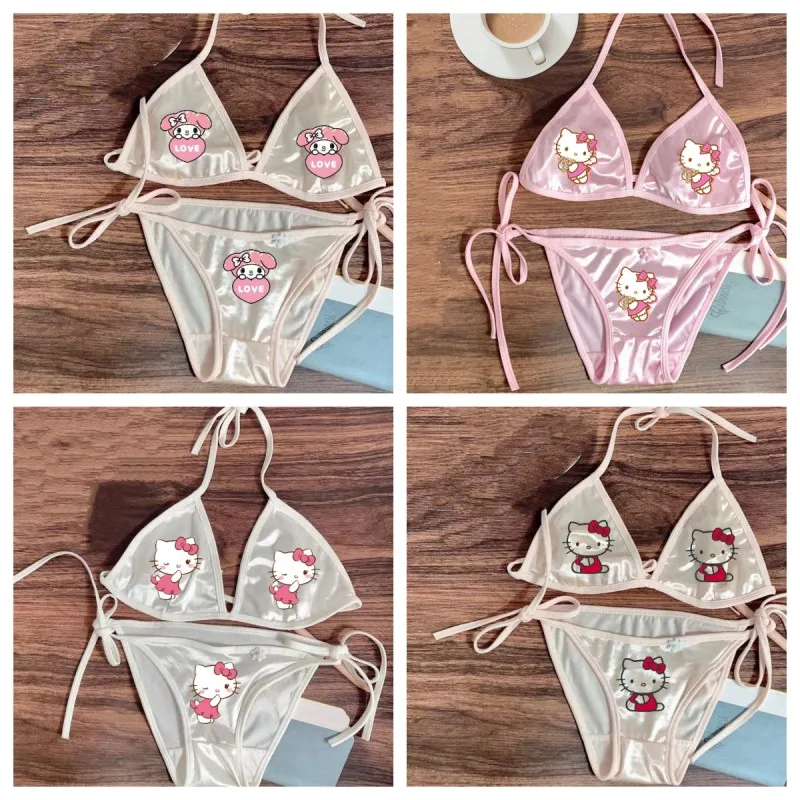 

Kawaii Hello Kitty Sexy Bra Panties Set Soft Comfortable strap underwear Anime Kuromi Cinnamoroll Printed Briefs Girl Gift