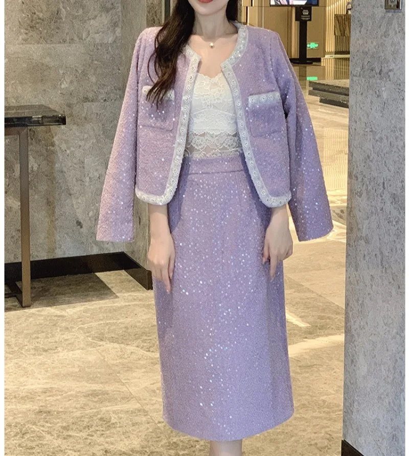 Новые элегантные твидовые комплекты из двух предметов женские фиолетовые