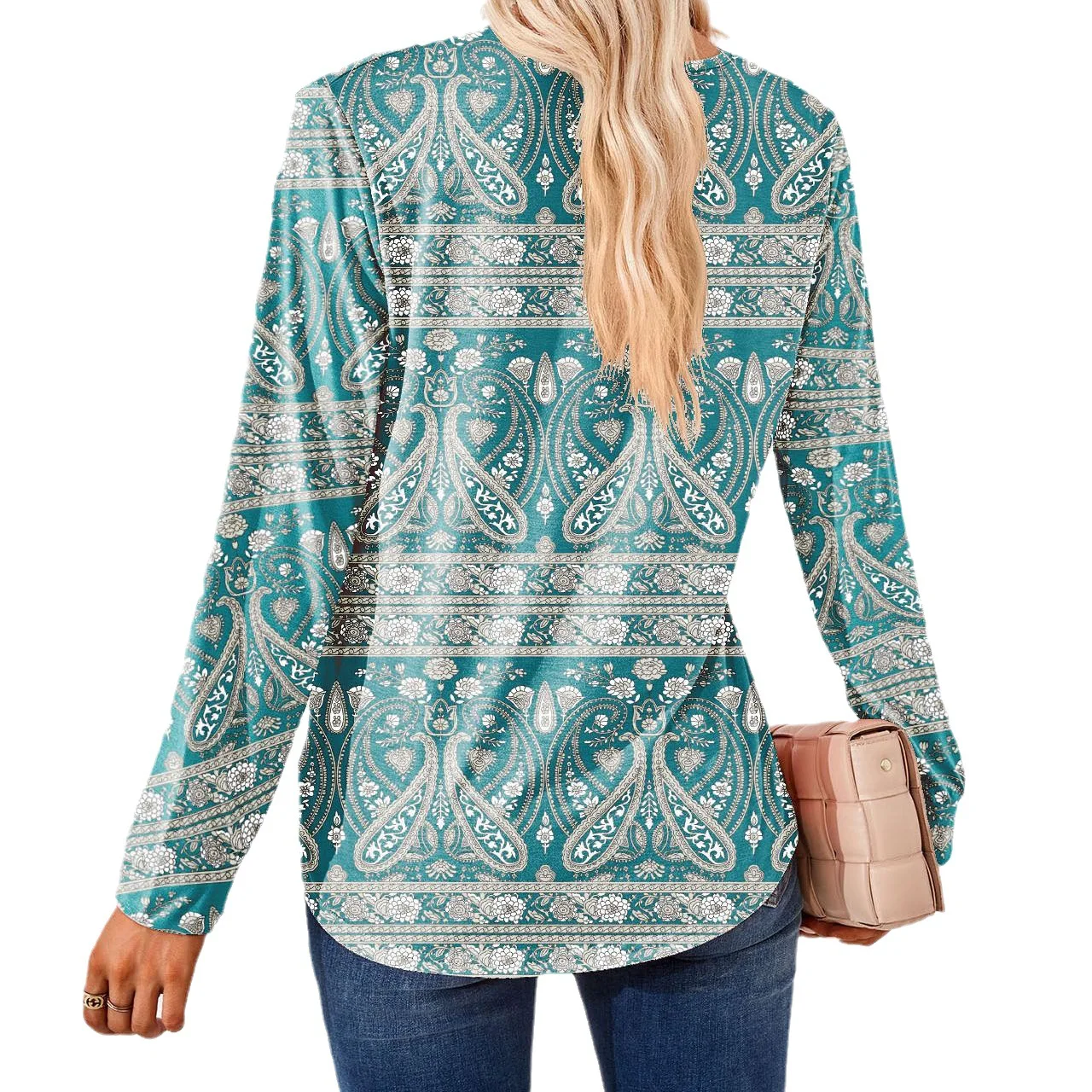 

Осенне-зимняя плиссированная жаккардовая свободная футболка с квадратным воротником и длинными рукавами, Женский Топ