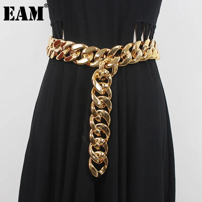 [EAM] 2023Gold Color Metal Chain Long Wide Cool Belt Personality Women New Fashion Tide All-match Spring Autumn 1DD6587