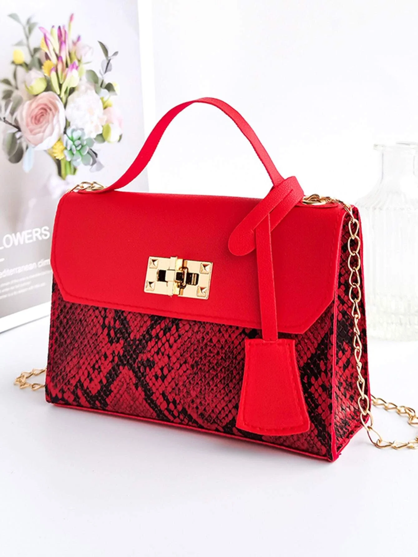 

Mini Snakeskin Print Flap Chain Bag