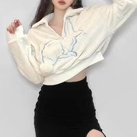 2021 fall and winter new womens loose rabbit embroidery pullovers half zipper long sleeve sweatshirt new woman apricot hoodie