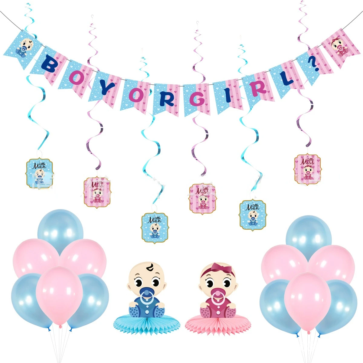 

JOLLYBOOM Gender Reveal Party Pink Blue Balloon Set BOY OR GIRL Banner Cartoon Baby Hanging Swirl Honeycomb Decoration Supplies