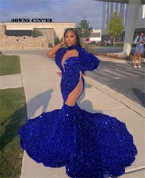 royal blue sequin prom dresses for black girls formal long sleeve evening dress mermaid african party gowns vestidos de promoci%c3%b3