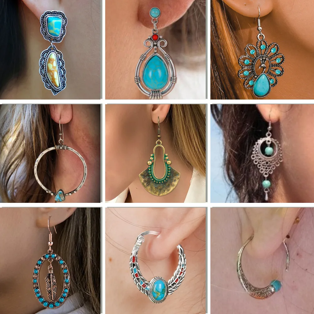

Boho Turquoise Earrings Ethnic Alloy Geometric Vintage Earrings fashion earrings drop earrings 2020 tassel earrings earings