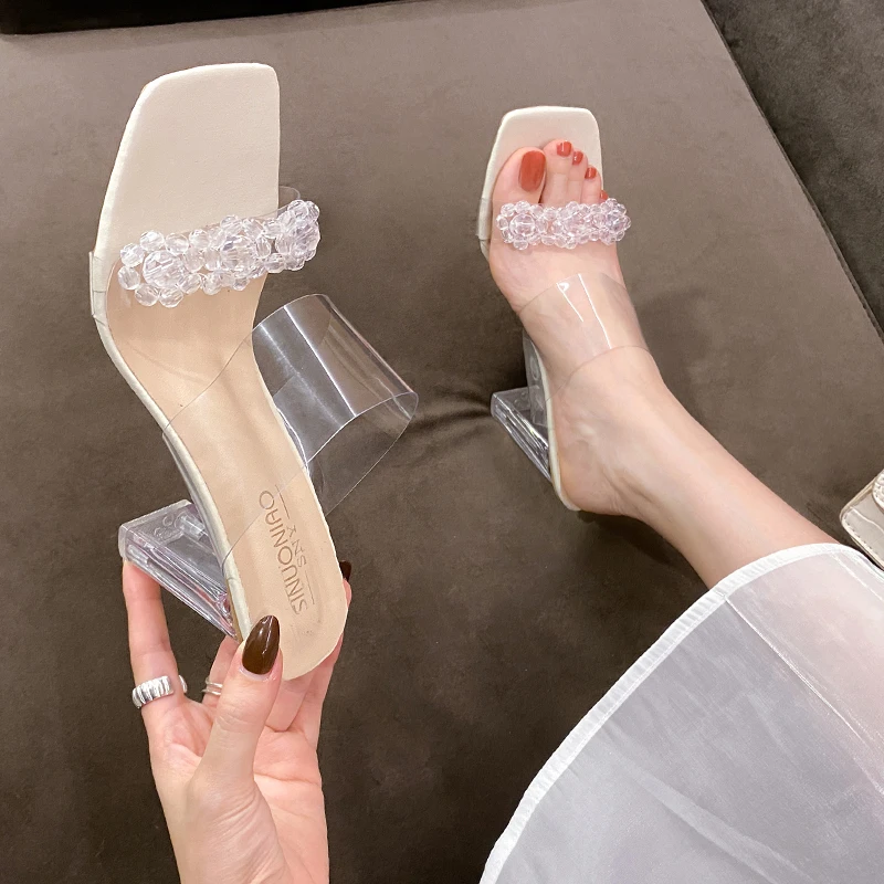 

Fashion Female 2022 Weman New PVC Summer Women's Slippers Thin High Heels Ladies Plus Size Colorful Square Toe Party Sexy Ladies