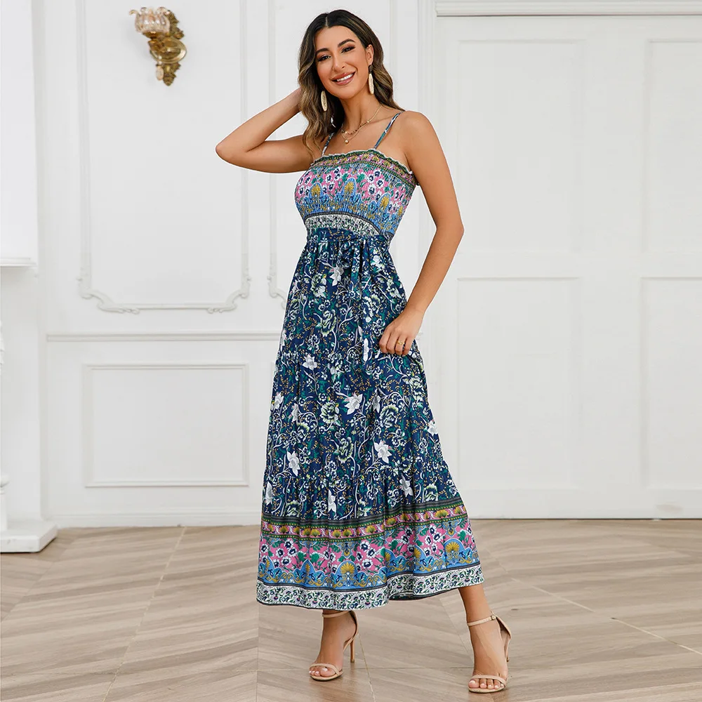 

Flower Print Spaghetti Strap Maxi Dress 2023 Summer Long Lace Spliced Square Neck Sleeveless Resort Beach Midi Dress For Women