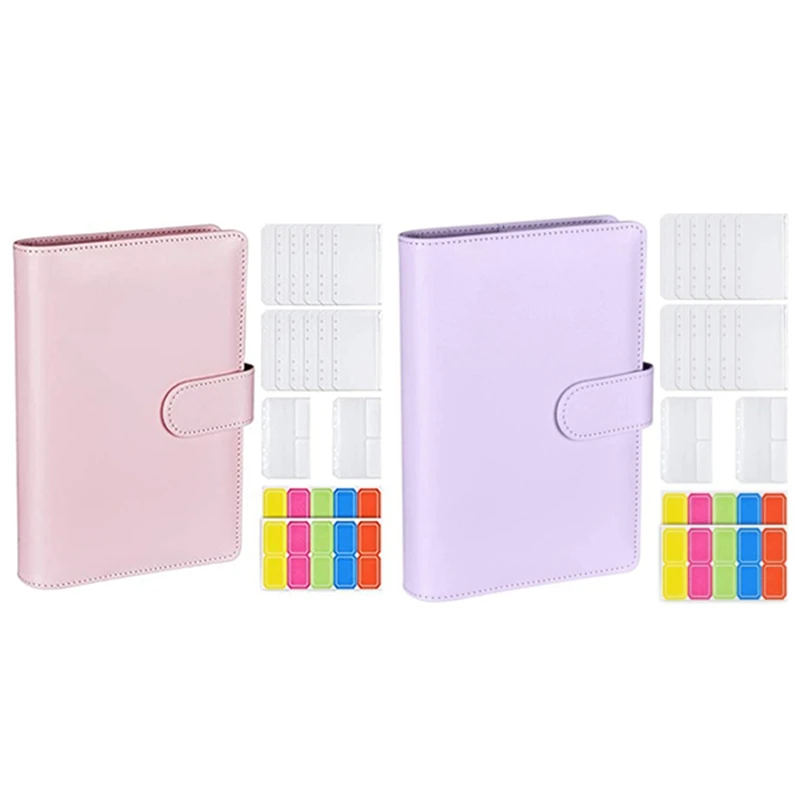 

A6 PU Ring Binder,6 Round Rings Notebook Binder 14Pcs Plastic Zippered Envelopes Pockets,With Label Stickers