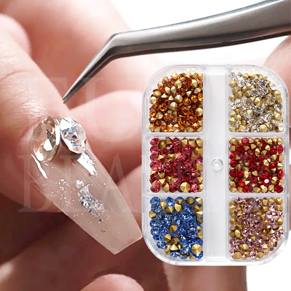

1 Box Crystal Pile Drill Nail Rhinestone 3D Gold Red Blue Diamond Gems Non HotFix Decoration Glitter Stones Nail Accessory LEJCZ