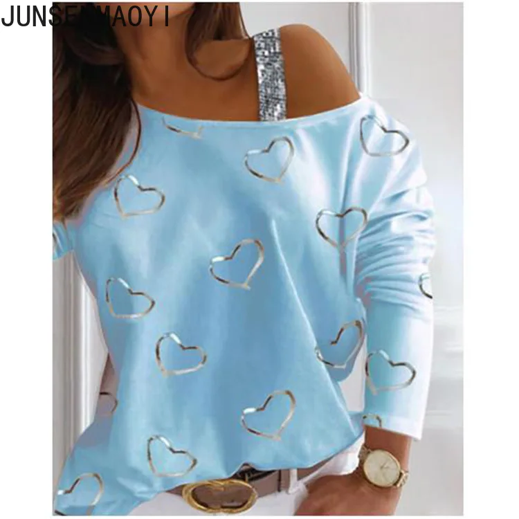 

2022 New Women Fall Fashion Falling Shoulder Sequins Turtleneck Sexy Long Sleeve T-shirt Heart-shaped Printing Casual Loose Top