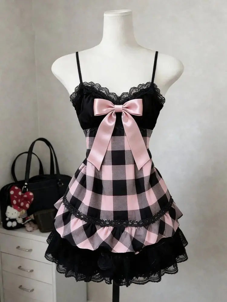 Фото Сексуальное облегающее винтажное платье Y2K в стиле 2000-х годов, с открытой спиной, в клетку, панк-стиль, на бретельках, готическое летнее короткое платье с бантом, женская одежда для модниц, эмо-шик №1