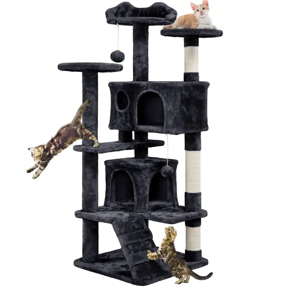 

54.5" Double Condo Cat Tree with Scratching Post Tower, Black, Cat Supplies,Cat Toys, So That Cats Can Play Happily At Home