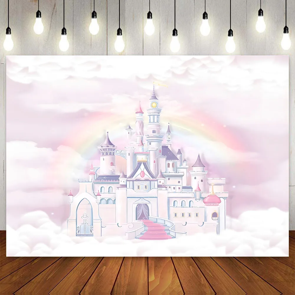 

Fairy Castle Theme Photography Backdrop Cartoon Wonderland Rainbow Cloud Pink for Girl Princess Birthday Party Banner Background