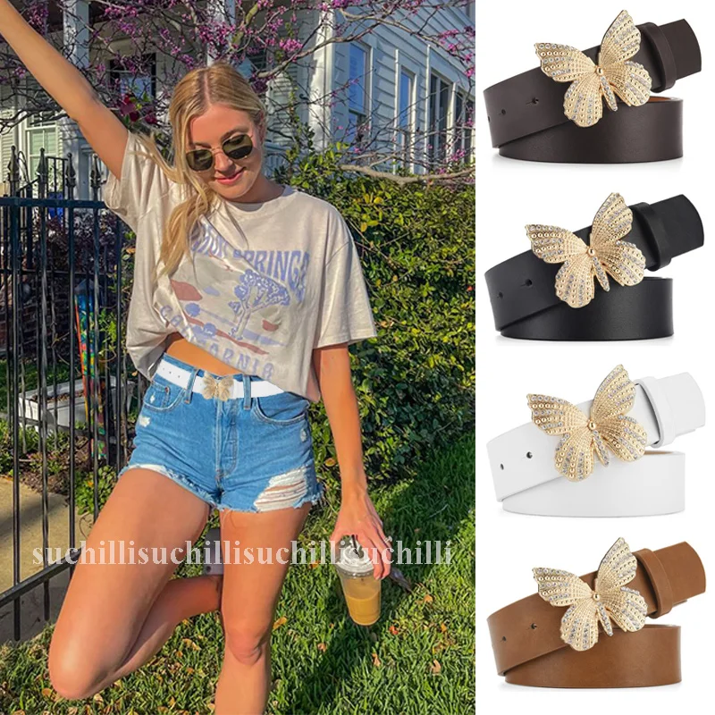 

Fashion Women PU Leather Belts Korean Rhinestone Butterfly Snap Belt for Pants Dress Jeans Retro Waistbands Clothes Accessories