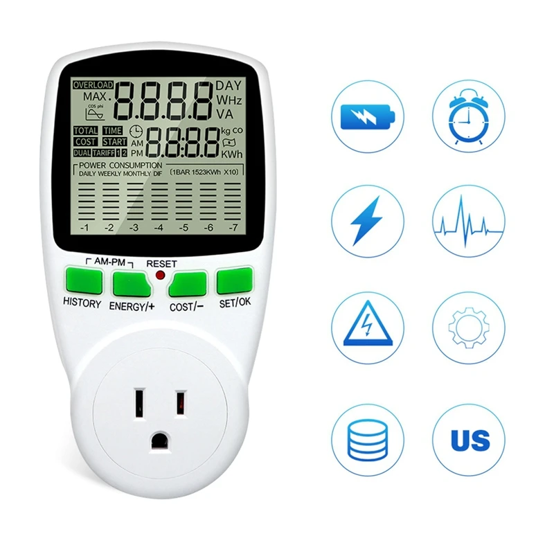 Digital LCD Energy Meter Wattmeter Wattage Electricity Kwh Power Measuring Outlet Analyzer US Plug