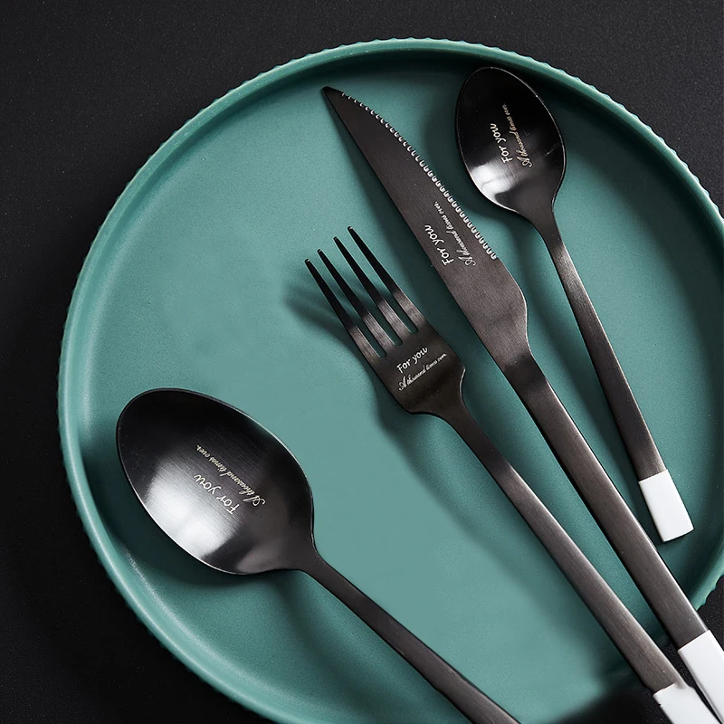 

24Pcs Nordic ins Western foodCreative Stainless Steel Black Cutlery Knife Fork Spoon Set Dinnerware Kitchen Supplies Tableware