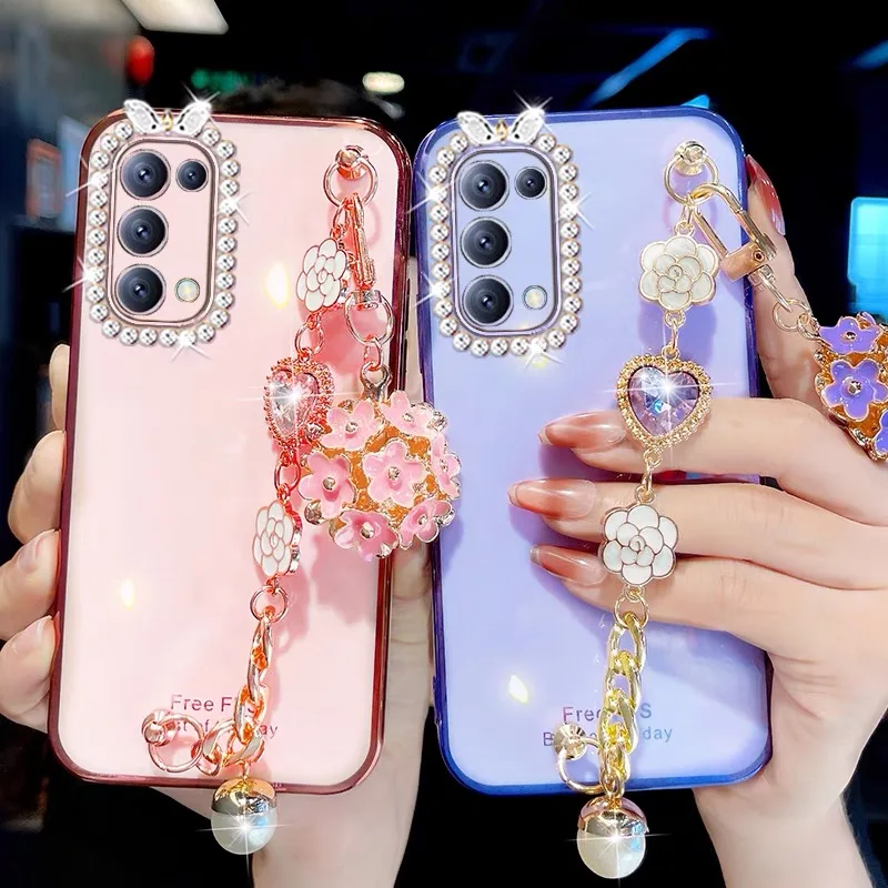 

Plating 3D Camellia Heart Flower Chain Bracelet Phone Case For Samsung Galaxy S23 S22 S21 FE S20 S 9 Plus + Note 8 9 10 20 Lite
