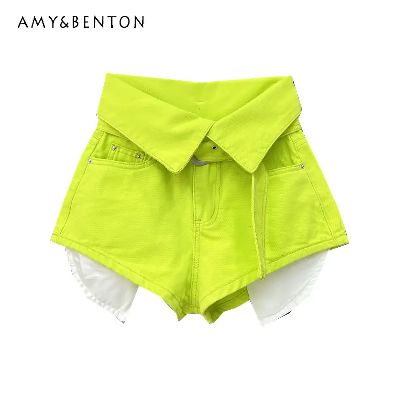 Fashion Style Design Sense Flanging High Waist Wide-Leg A-line Shorts Fluorescent Color Hot Girl Exposure Pocket Denim Hot Pants