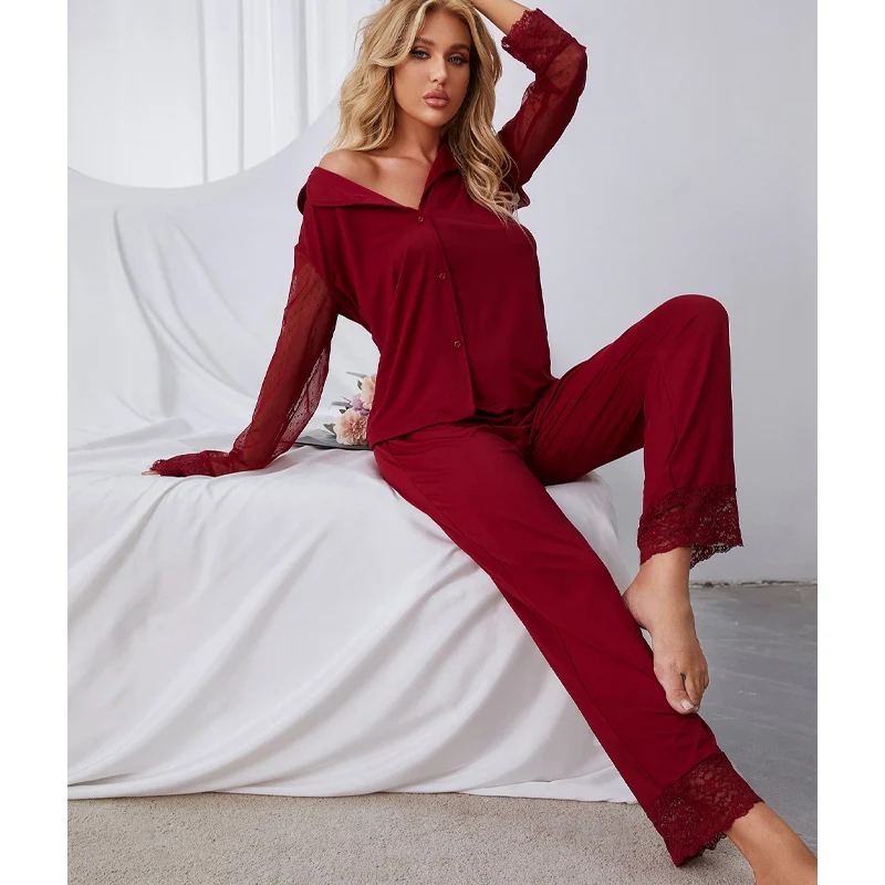 Women's Pajamas Net Yarn Lace Stitching Sleepwear Solid Color Long-sleeved Trouser Suit Comfortable Loose Home Clothes