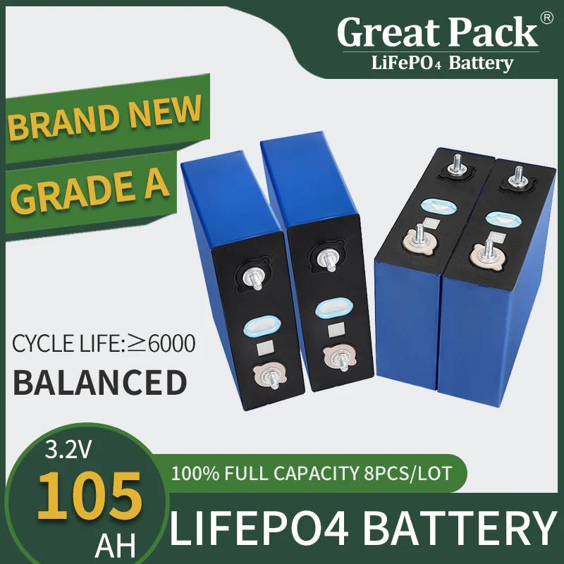 

Home Energy Storage LiFePO4 3.2V 105Ah Deep Cycle Battery Cell EVE 8PCS Rechargeable 100% Full Capacity Lithium Ion Power Bank
