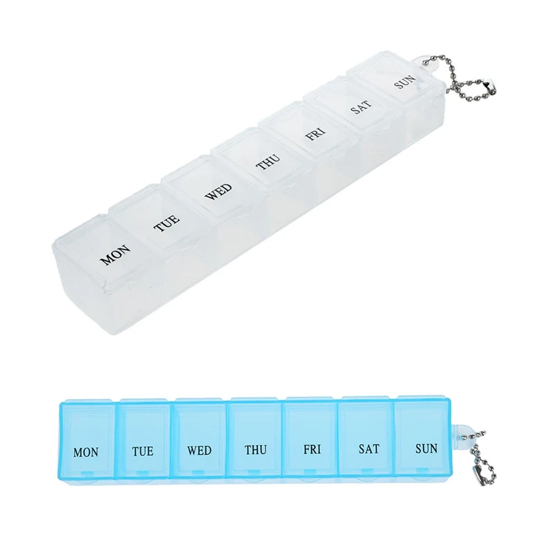 

2Pcs 7 Day Weekly Pill Box Organizer Medicine Compartments Vitamin Storage Travel Kit, White & Blue