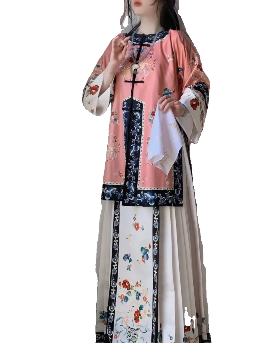 Новая династия Цин Ханфу женский комплект с круглым воротником спереди