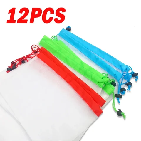 Многоразовые сетчатые продуктовые сумки, экологически чистые моющиеся мешки для продуктов, 12 шт., для хранения фруктов, овощей, игрушек, мелочей - изображение