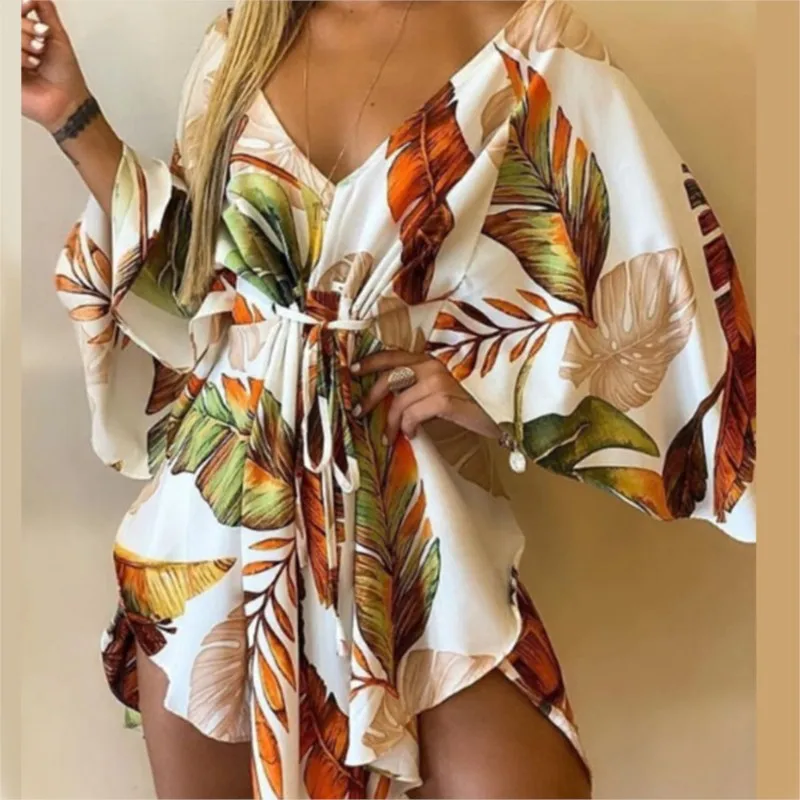

Sexy Women Autumn Mini Dress Floral Print V Neck 3/4 Bat Sleeve Lace Up Irregular Hem Casual Loose Beach Cover Up Vestido