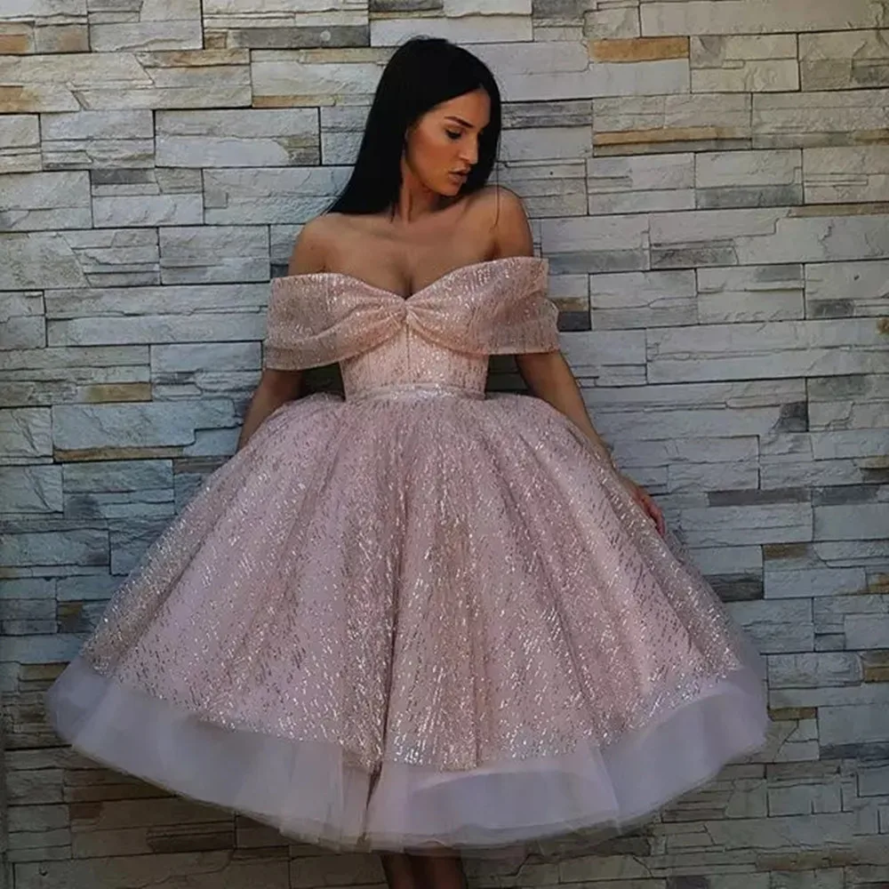 

Ball Gown Prom Dress Bling Sparkle Off Shoulder V Neck Knee Length Formal Party Gowns Evening Dance Dress Guest Wedding Sequined