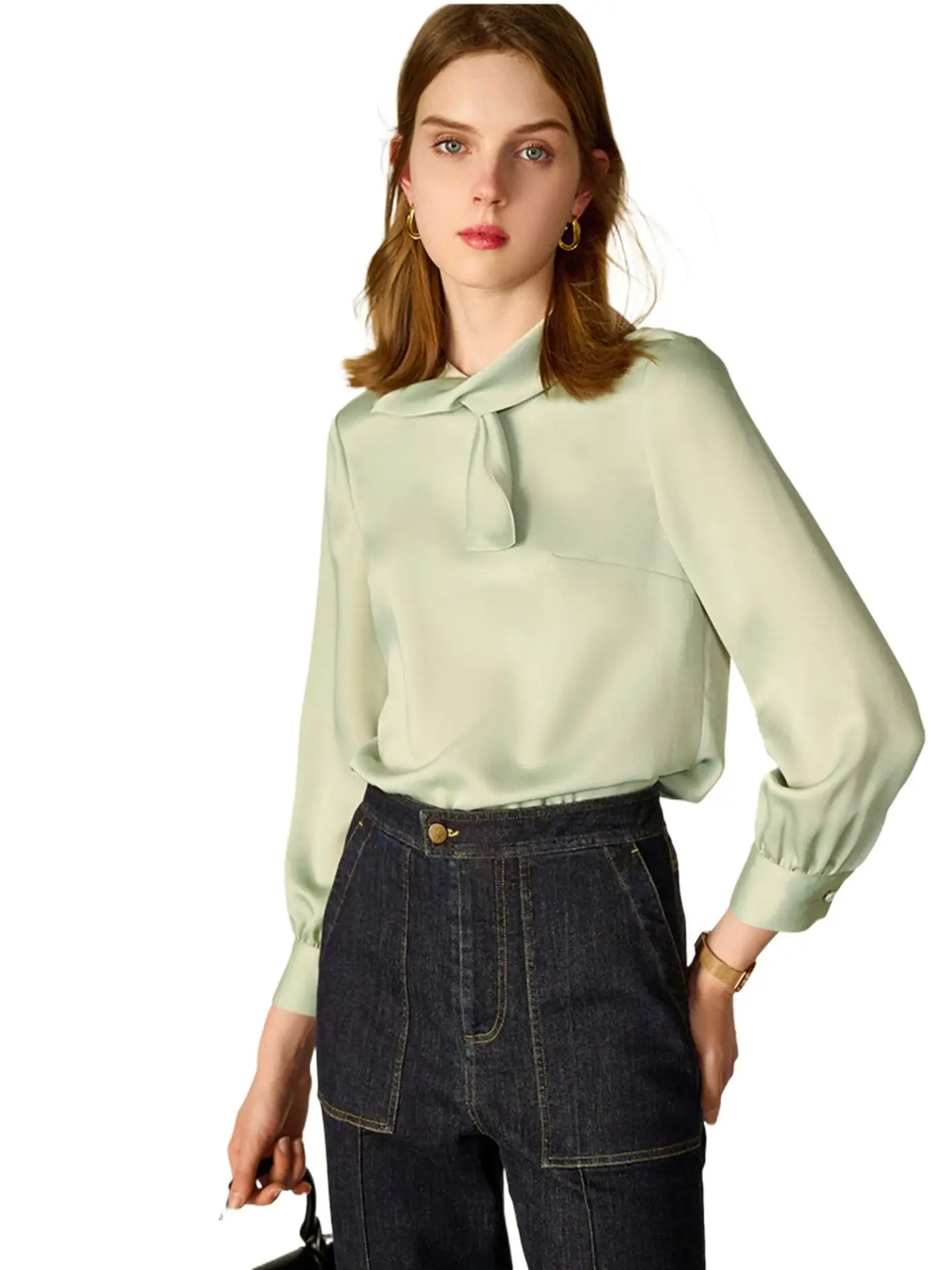 

Элегантные атласные блузки 2023, Женская винтажная белая Зеленая Шелковая Рубашка, Женская Повседневная тонкая офисная блузка со шнуровкой