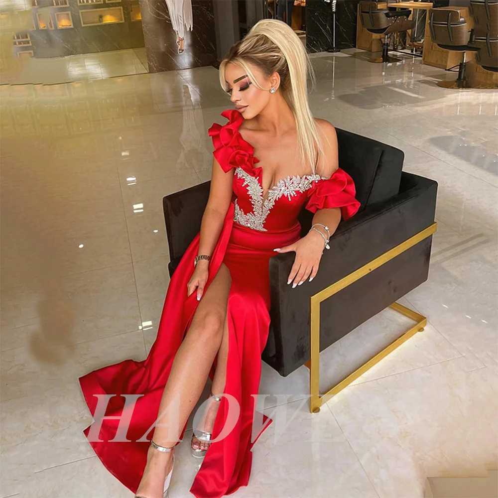 

Красное атласное платье для выпускного вечера HAOWEN с юбкой-годе, сексуальные вечерние платья с разрезом сбоку, сексуальное очаровательное ж...