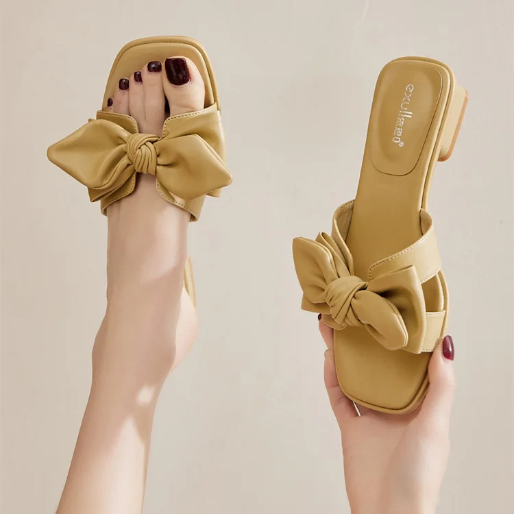 Thick-heeled Slides Sandals Slippers for Women to Wear in Summer 2022 New Fairy Style Bow with Skirt Net Red Beach Shoes