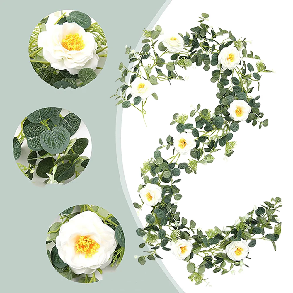 2M Artificial Flowers Garland With White Roses Greenery Plants Hanging For Wedding Room Wall Home Party Garden Craft Arch Decor