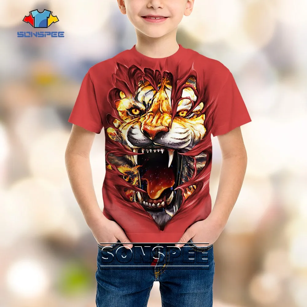 

SONSPEE Red Tiger Harajuku Animal 3D Print Child Hip-Hop T-Shirts Novelty Fitness Street Kids Child Tops Trend Shirts Streetwear