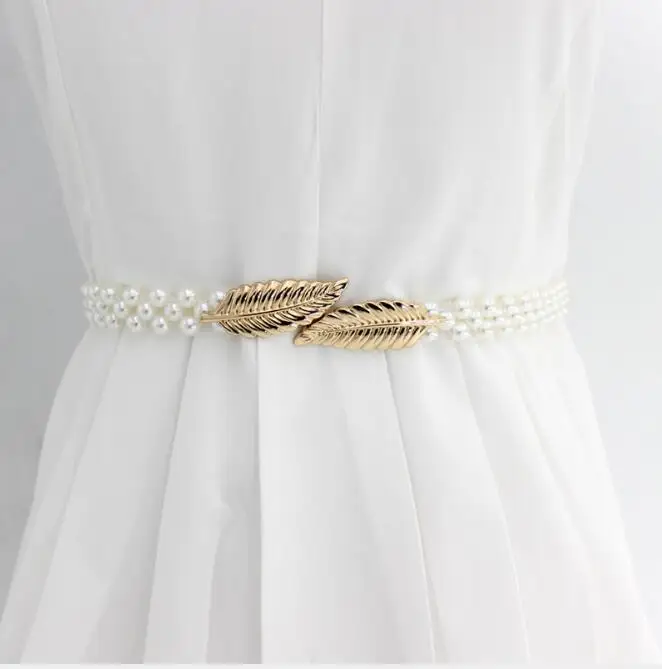 

Korean Women's Rhinestone Pearl Waist Chain Fashion Dress Decorated Sweet Flowers Leaves Elastic Waistband
