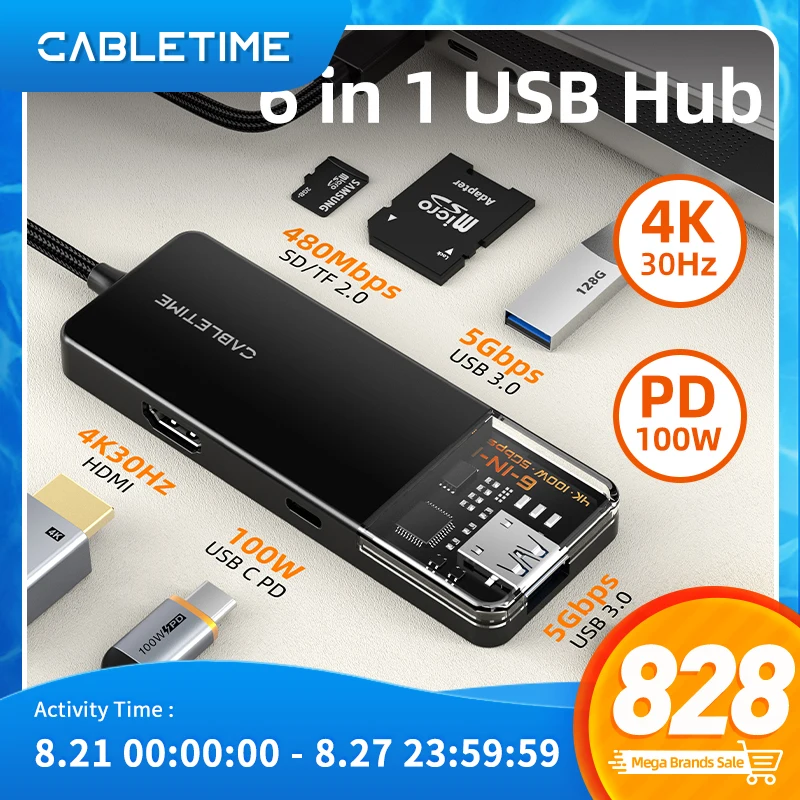 

CABLETIME 6 in 1 USB C HUB to 4K 30Hz HDMI PD 100W USB 3.0 5Gbps SD TF Card Reader for Macbook Pro Laptop C461