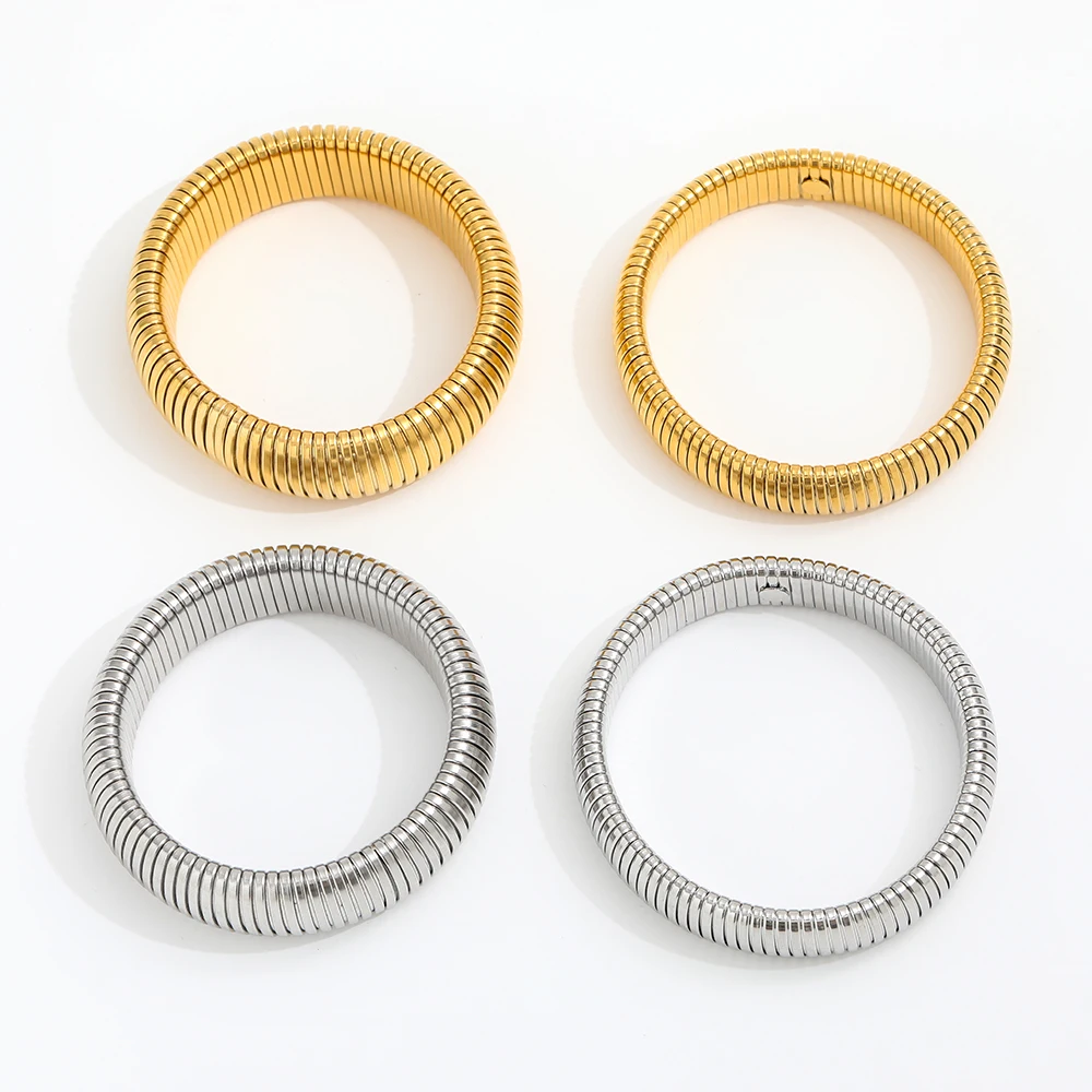 

Joolim Jewelry High End Pvd Wholesale Waterproof Trendy Elastic Wide Vintage Fold Wear Stainless Steel Bracelet for Women