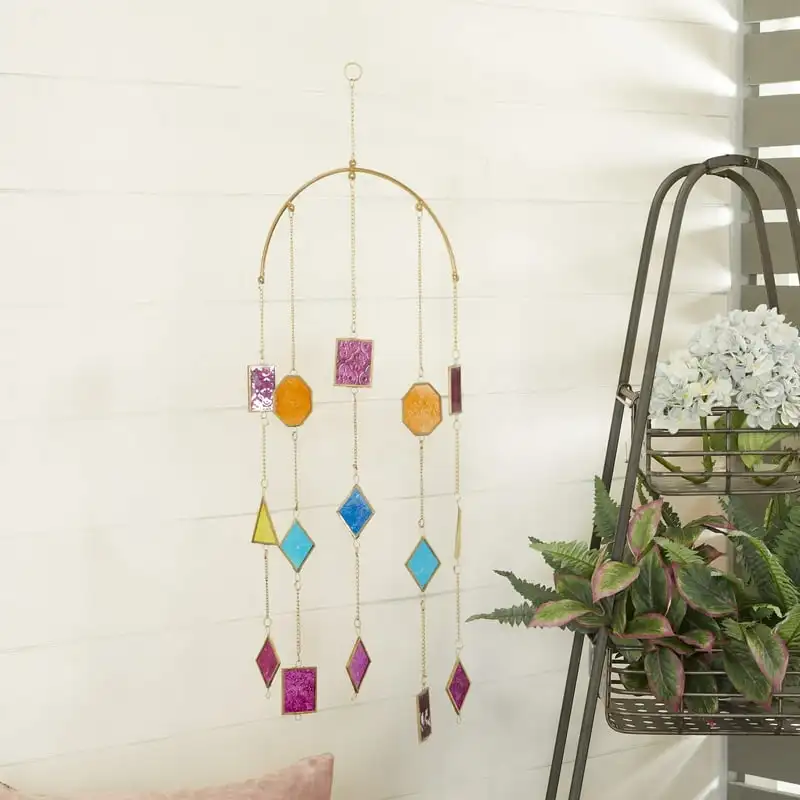

Multi Colored Metal Indoor Outdoor Geometric Windchime with Stained Glass