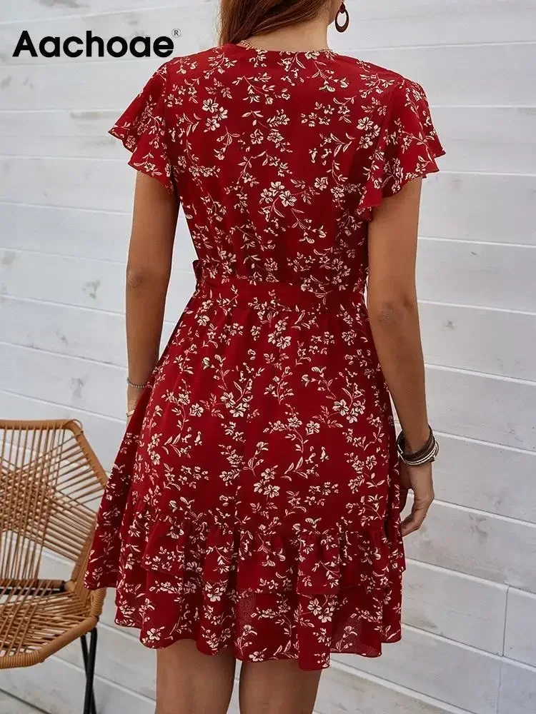 Aachoae-Vestido corto con estampado Floral para mujer минивэтер неформальный de manga corta cuello en V estilo bohemio