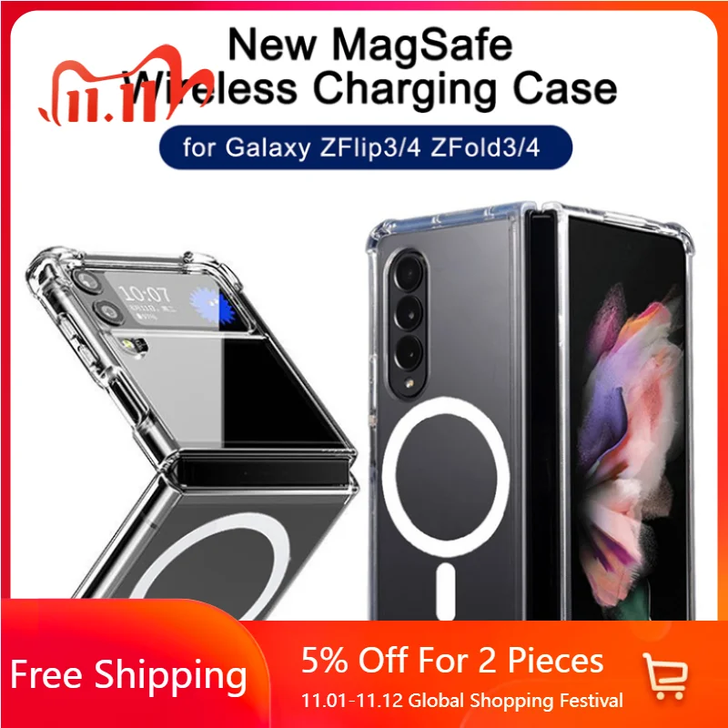 Transparent Magnetic Case for Samsung Galaxy Z Flip 4 3 Wireless Charging Magsafing Cover for Samsung Z Fold 4 3 ZFlip ZFold 5G