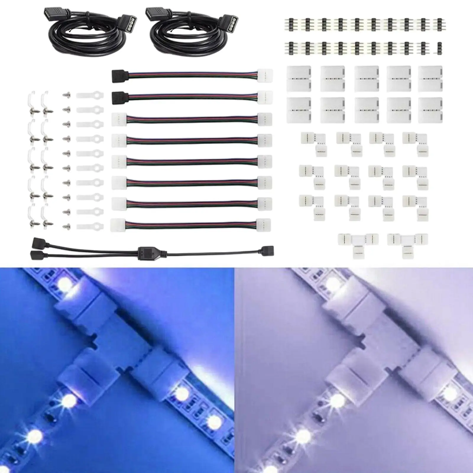 

95 Pieces LED Strip Light Connector Adapter 4 Pin 10mm 5050 RGB Solderless W/ T/L-Shaped Connector