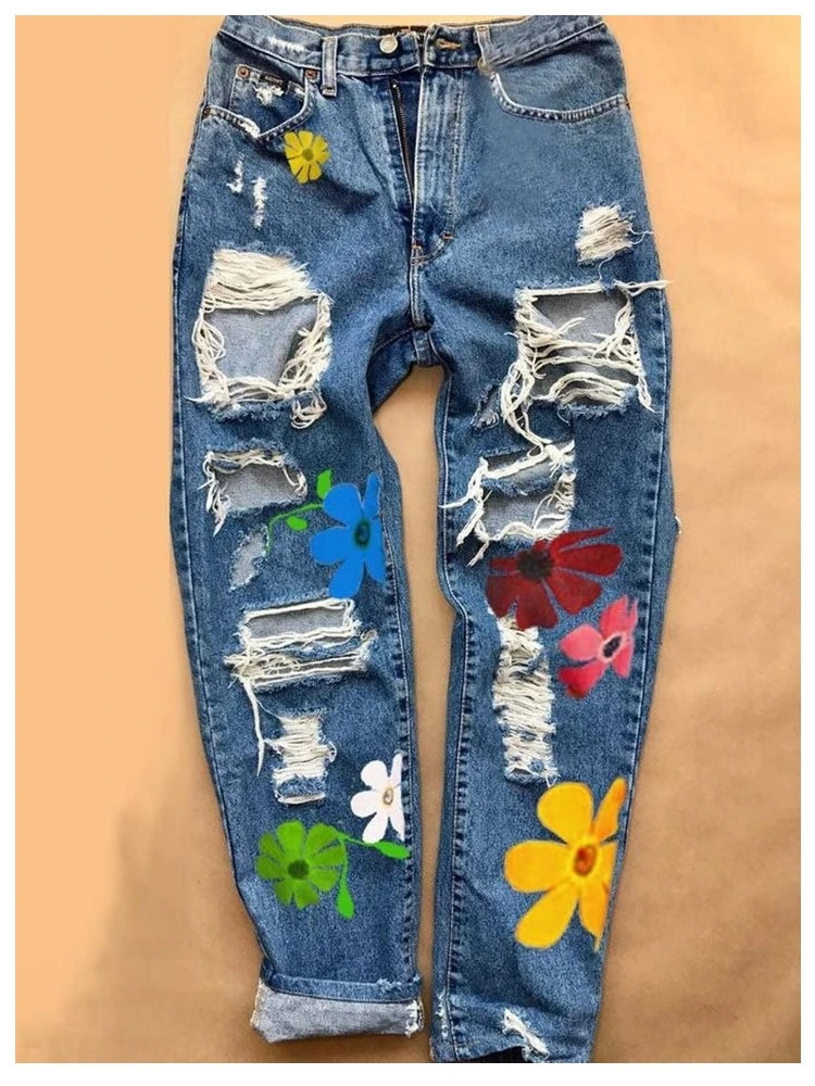 

Джинсовые шаровары в стиле хиппи, винтажные рваные джинсы, женские прямые джинсы в стиле хип-хоп, повседневные гранж-брюки, милая уличная од...