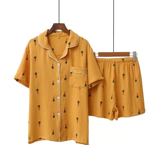 

2022 100% Cotton Women Pajama Robe Sets Short Sleeve Button Up Shirt +Trouser Nightgown Woman 2 Pieces Sets Casual Sleepwear Sui