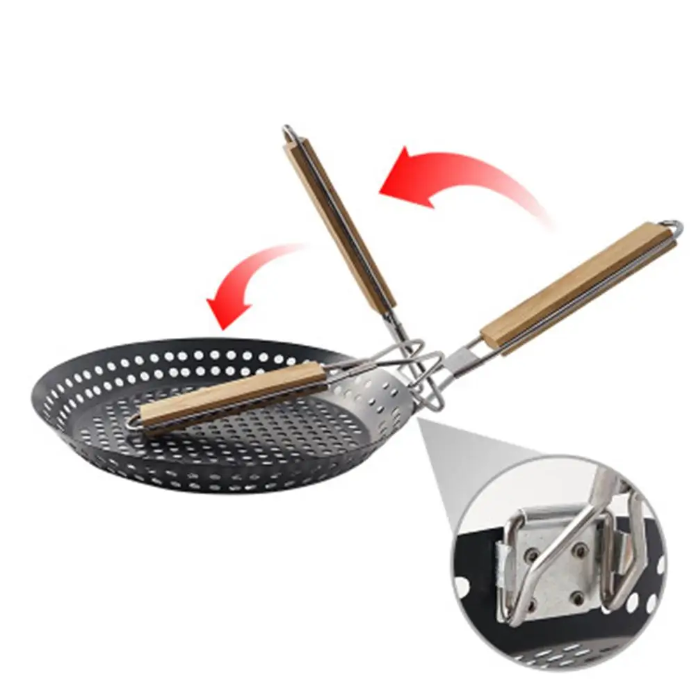 

1pc Foldable Round Frying Pan With Wood Handle For Outdoor Camping Picnic Bbq