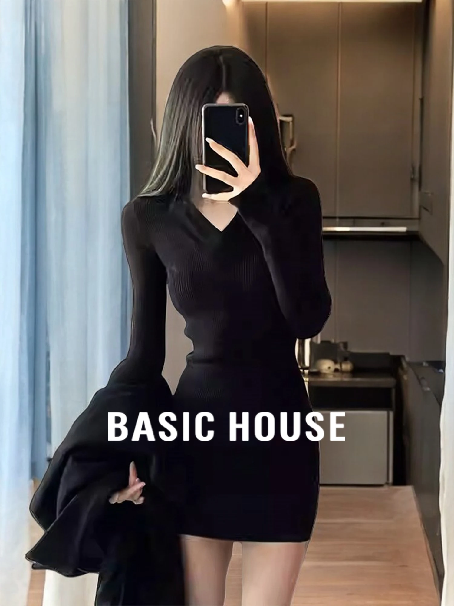 Basic House/Baijiahao Black V-neck Tight Knitted dress Women Autumn and Winter Fleece-lined Bottoming Hip Skirt