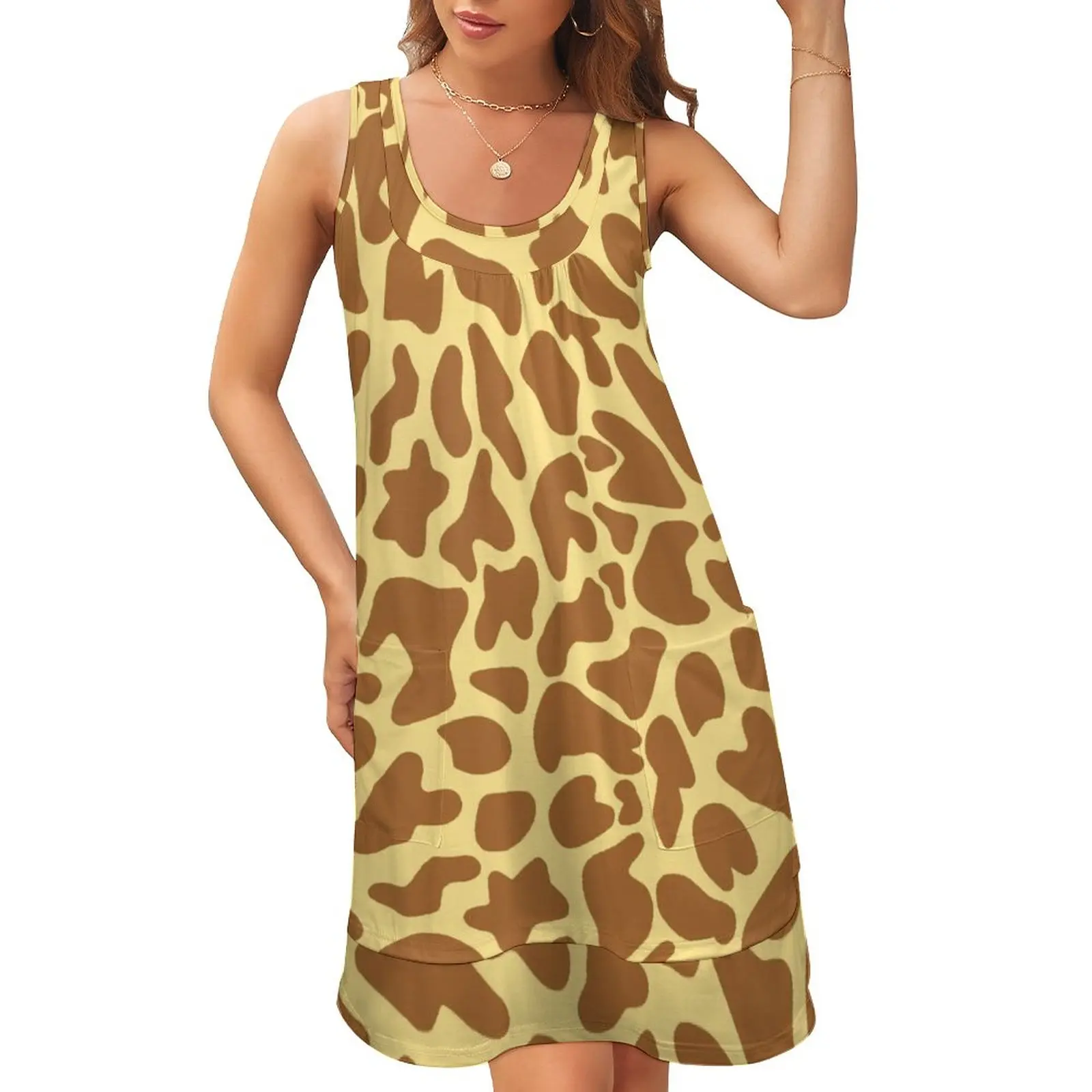 

Giraffe Animal Print Dress Brown Spot Patchwork Club Dresses Female O Neck Korean Fashion Casual Dress Summer Clothing Gift
