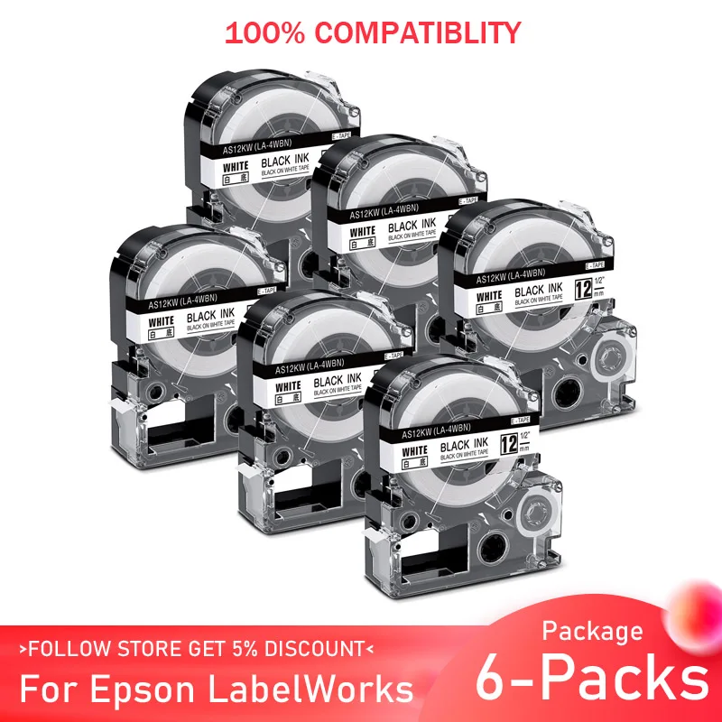 6 упаковок совместимая лента для этикеток Epson SS12KW 12 мм 1/2 дюйма LC-4WBN LK-4WBN LK принтера