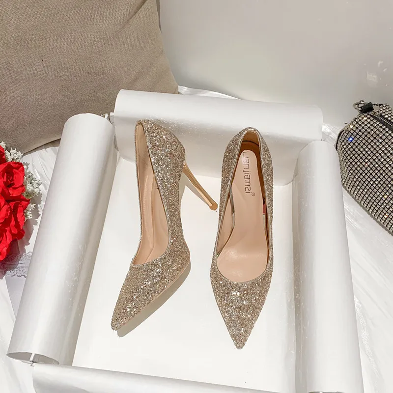 Main Wedding Shoes Women's Bridal Shoes Sequin Wedding Dress Crystal Shoes 2023 New High Heel Slim High Heel Shoes Women's Shoes
