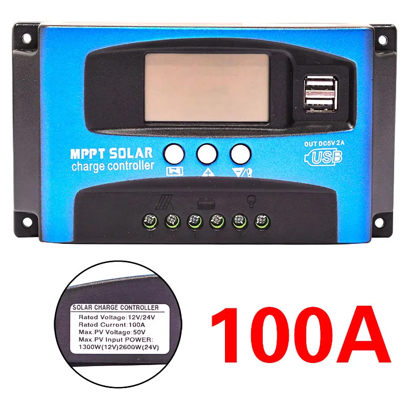 30/40/50/60/100A MPPT Solar Charge Controller Dual USB LCD Display 12V 24V Auto Solar Cell Panel Charger Regulator With Load